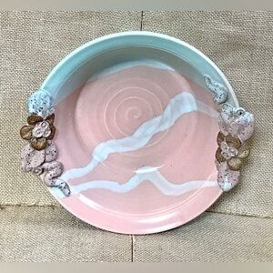 Coral Turquoise Art Pottery Bowl Speckled Flower Handles Beach Coastal Peaceful